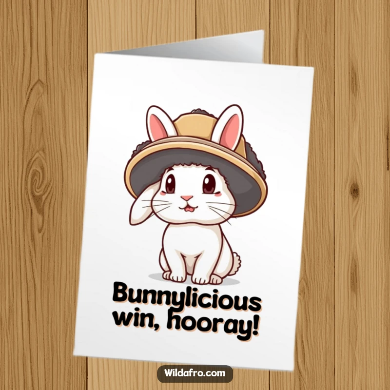 Funny Free Printable Congratulations Card: A curious rabbit sporting an afro hat with distinct ears poking out, celebrating good news joyfully.
