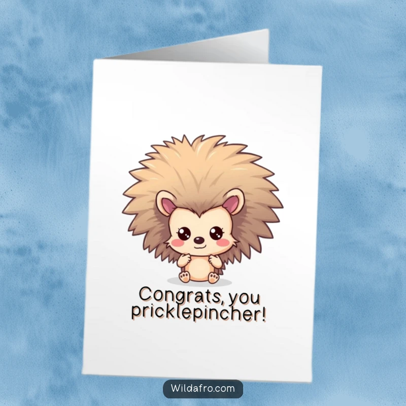 Funny Free Printable Congratulations Card featuring a shy hedgehog peeking out from behind a massive, spectacular afro.