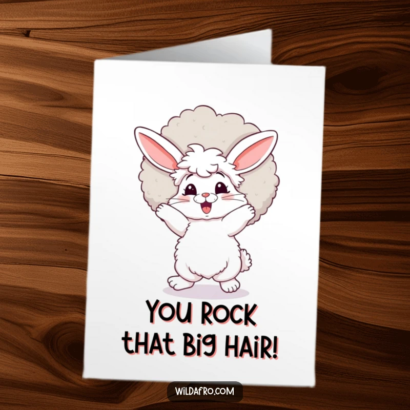 Funny Free Printable Congratulations Card: A joyful bunny with a voluminous afro busts a move, celebrating a grand achievement with pizzazz.
