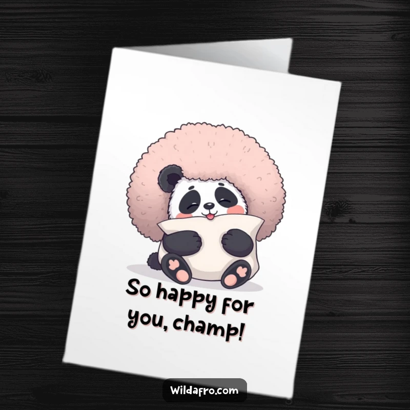 Funny Free Printable Congratulations Card: A giggling panda bear hugging a huge, soft afro pillow.