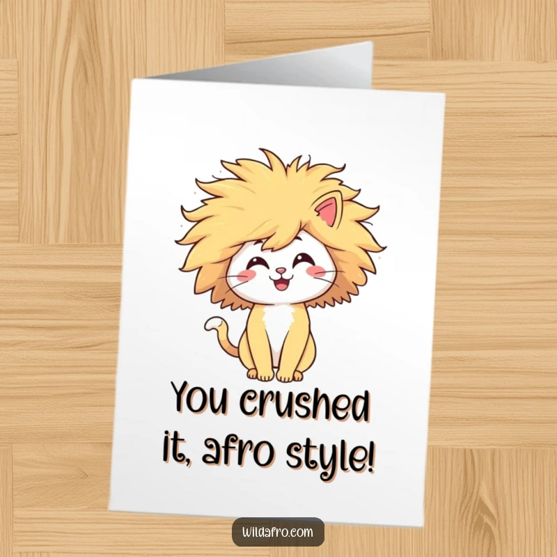 Funny Free Printable Congratulations Card: Joyful cat with a giant afro celebrating, perfect for any achievement.