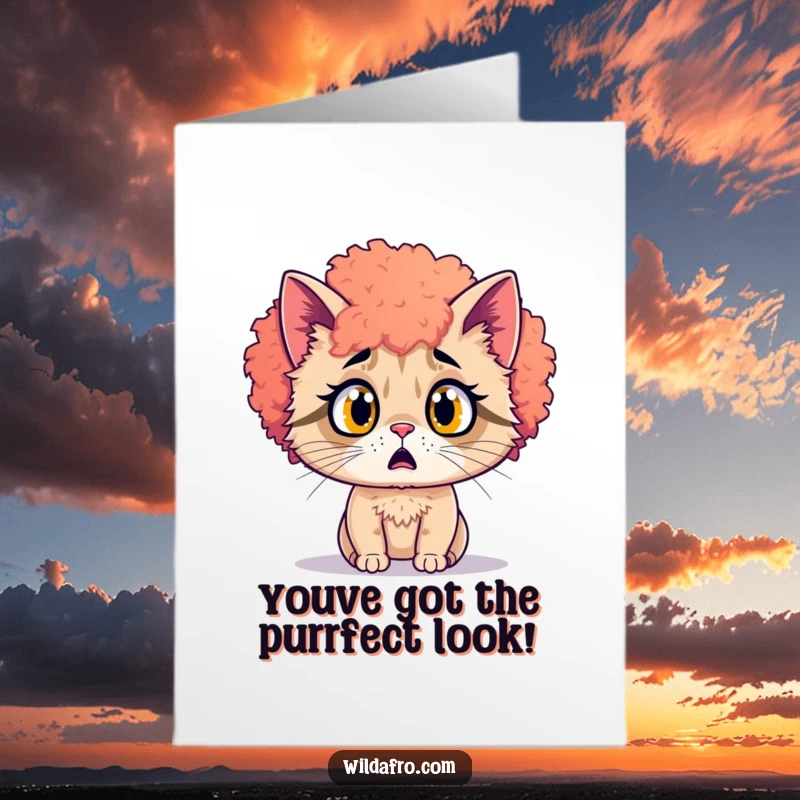Funny Free Printable Congratulations Card: A cat in a vibrant afro hairpiece looks utterly shocked, a downloadable surprise.