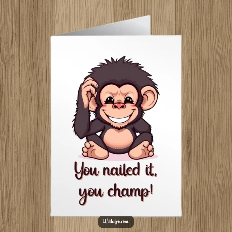 Funny Free Printable Congratulations Card: A happy chimpanzee grins widely while giving its fluffy afro a playful pat, beaming with pride.