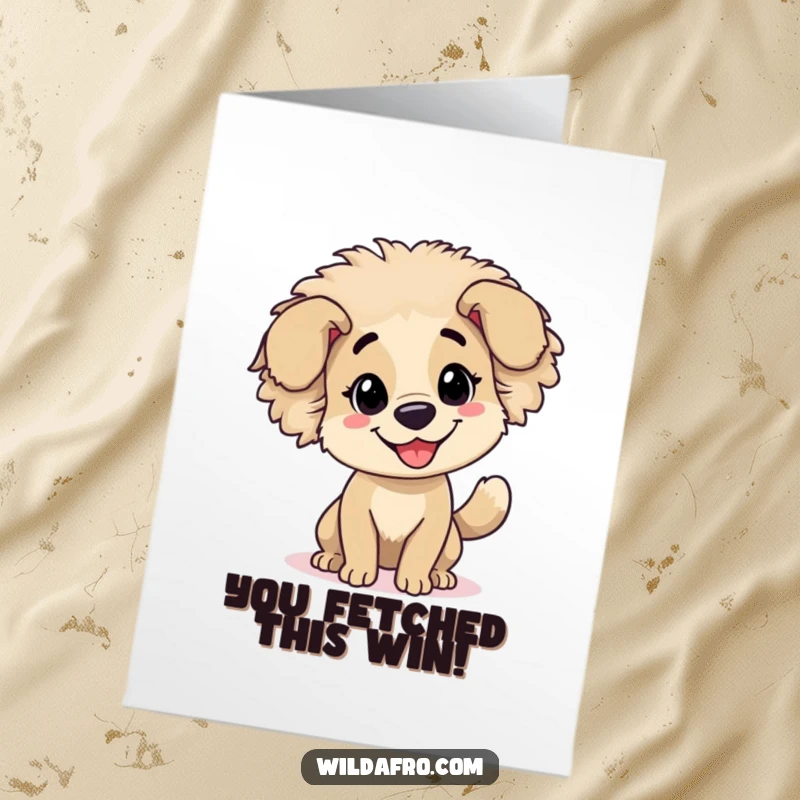 Funny Free Printable Congratulations Card: Ecstatic dog with a voluminous afro wagging its tail.