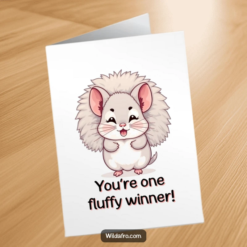 Funny Free Printable Congrats Card: Giggling chinchilla character hiding within its fluffy afro, celebrating achievements with cuteness.