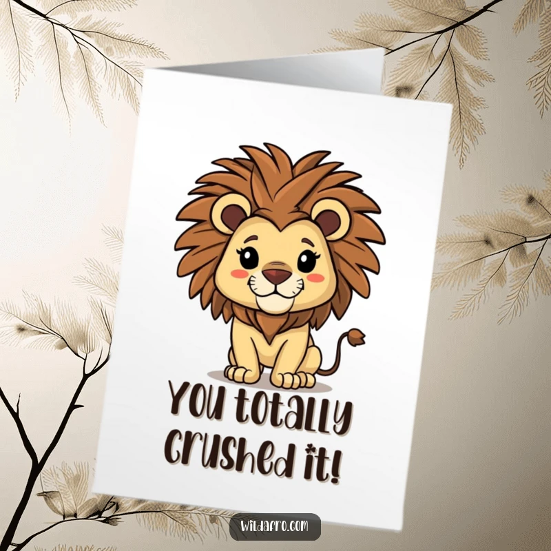 Funny Free Printable Congratulations Card showing a proud lion with a magnificent afro shaking its mane majestically.