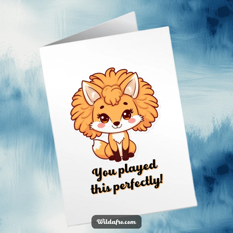 Funny Free Printable Congratulations Card: Playful fox with a big curly afro mane, celebrating success.