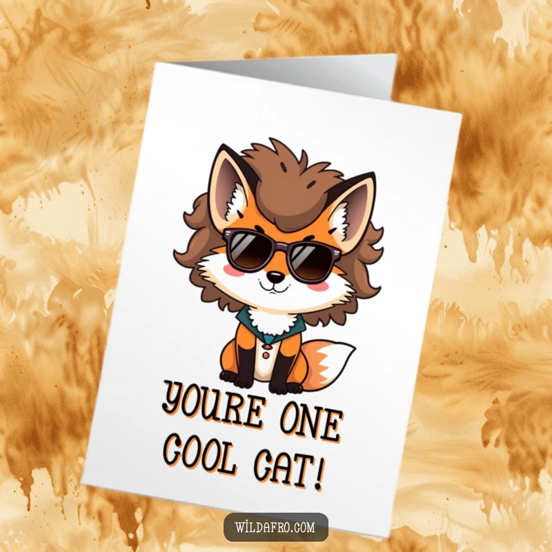Funny Free Printable Congrats Card: A cool fox with a voluminous afro and sunglasses posing confidently.