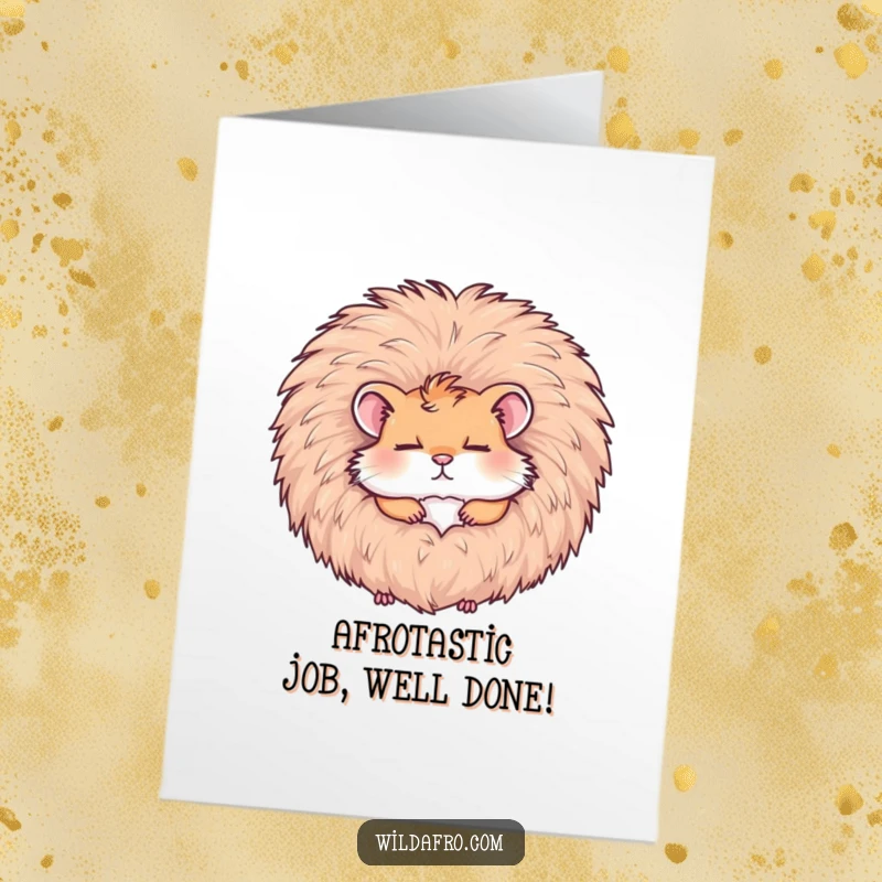Funny free printable congratulations card showing a hamster nestled cozily within a voluminous, fluffy afro.