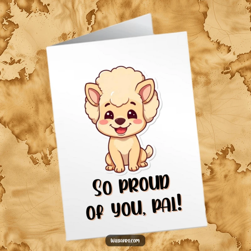 Funny Free Printable Congratulations Card: Happy dog with a voluminous afro head, wagging its tail.