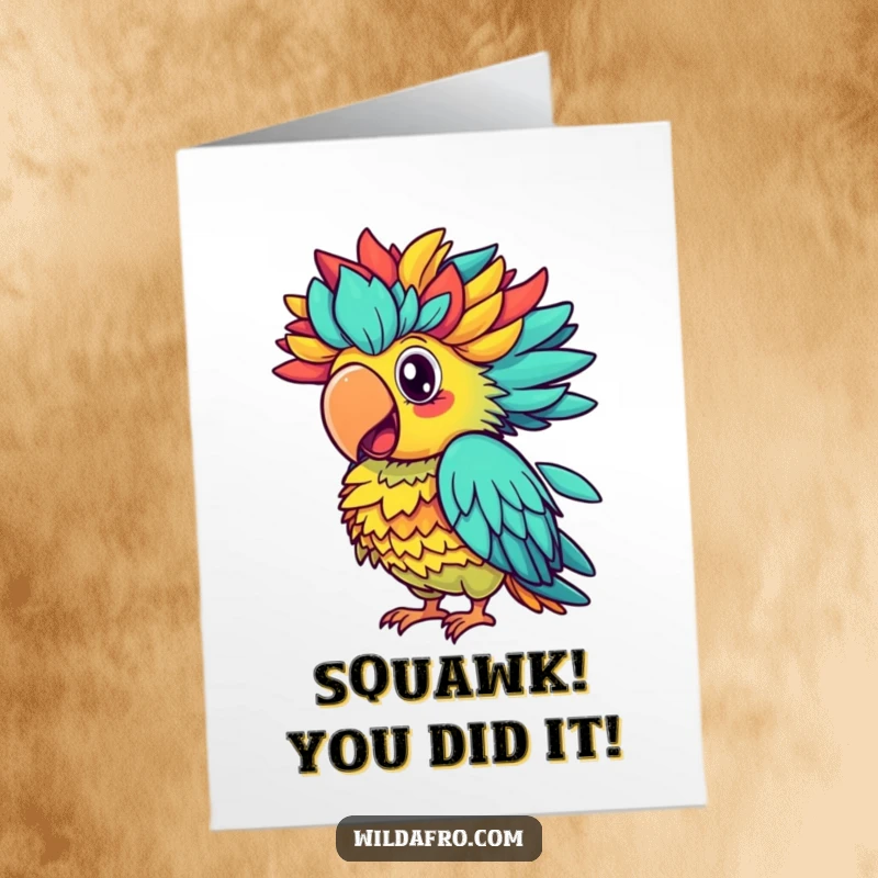 Funny Free Printable Congrats Card: A proud parrot with a colorful afro squawks joyfully.