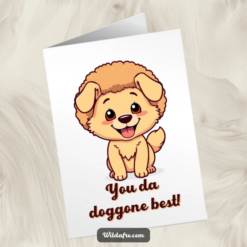 Funny Free Printable Congratulations Card showcasing a joyful dog with a shimmering afro, celebrating with a wagging tail.