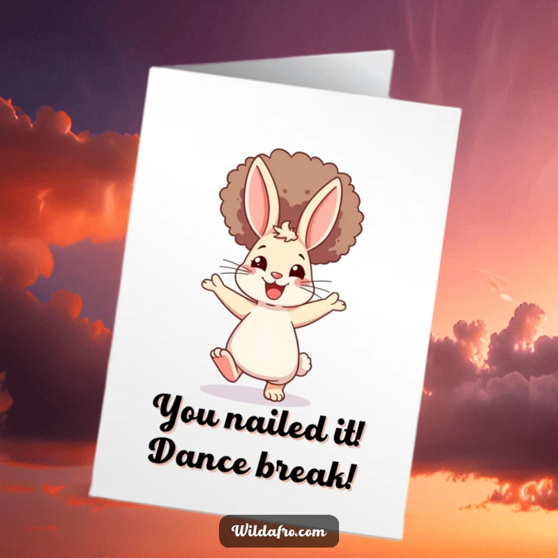 Funny Free Printable Congratulations Card: A ecstatic rabbit with a towering afro dancing wildly, celebrating a great achievement.