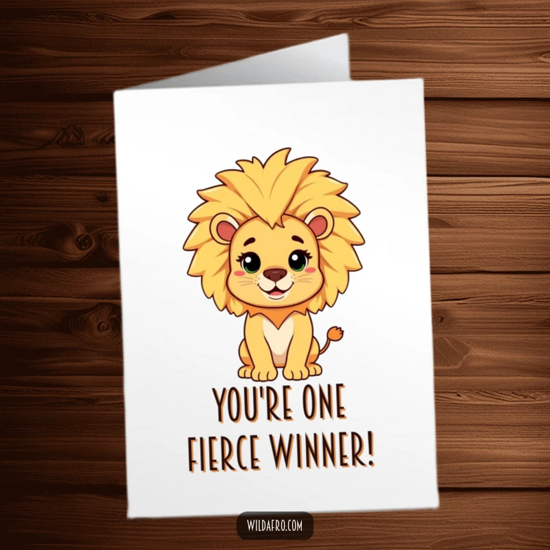 Funny Free Printable Congratulations Card: A cheerful lion displaying a spectacular, playful afro mane, signifying a grand victory.