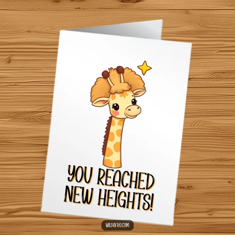 Funny Free Printable Congrats Card: A cheerful giraffe with a tall afro reaching for a shining star.