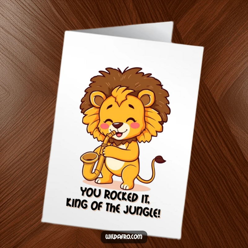 Funny Free Printable Congratulations Card: A lion with an afro plays jazz saxophone, celebrating success.