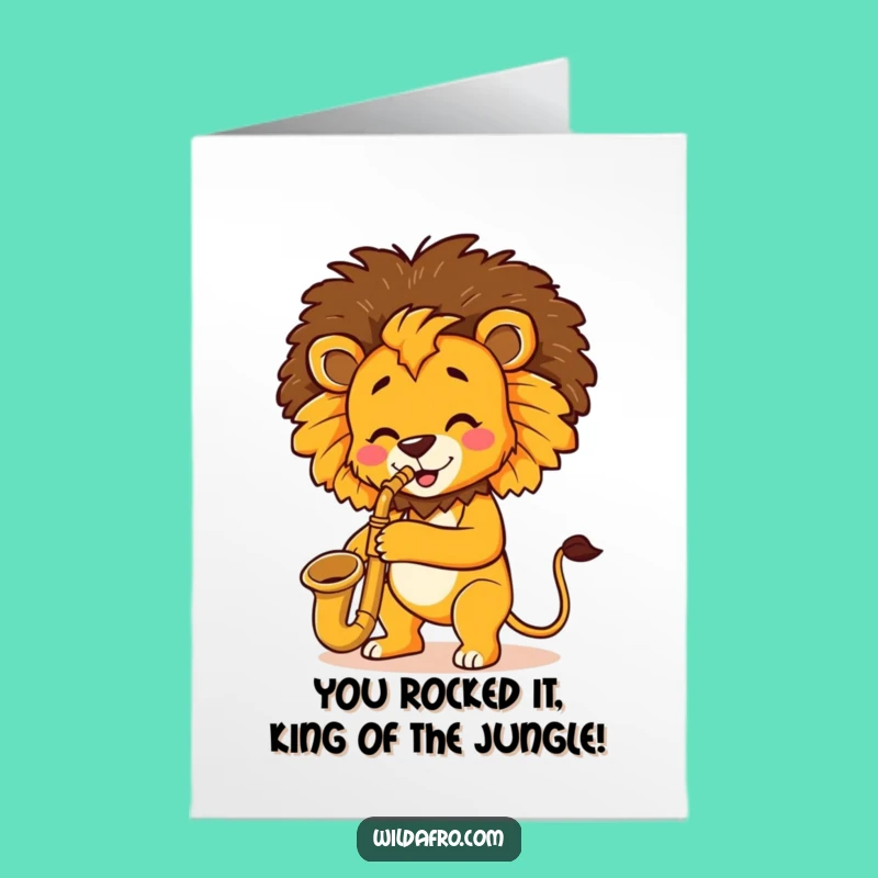 Free Printable Congrats Card: Jazzy Lion Afro Sax - Quick Downloadable