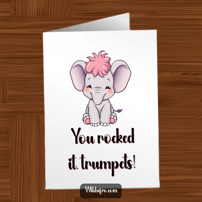 Funny Free Printable Congratulations Card: A cheerful elephant calf with a small afro raising its trunk to trumpet in celebration.