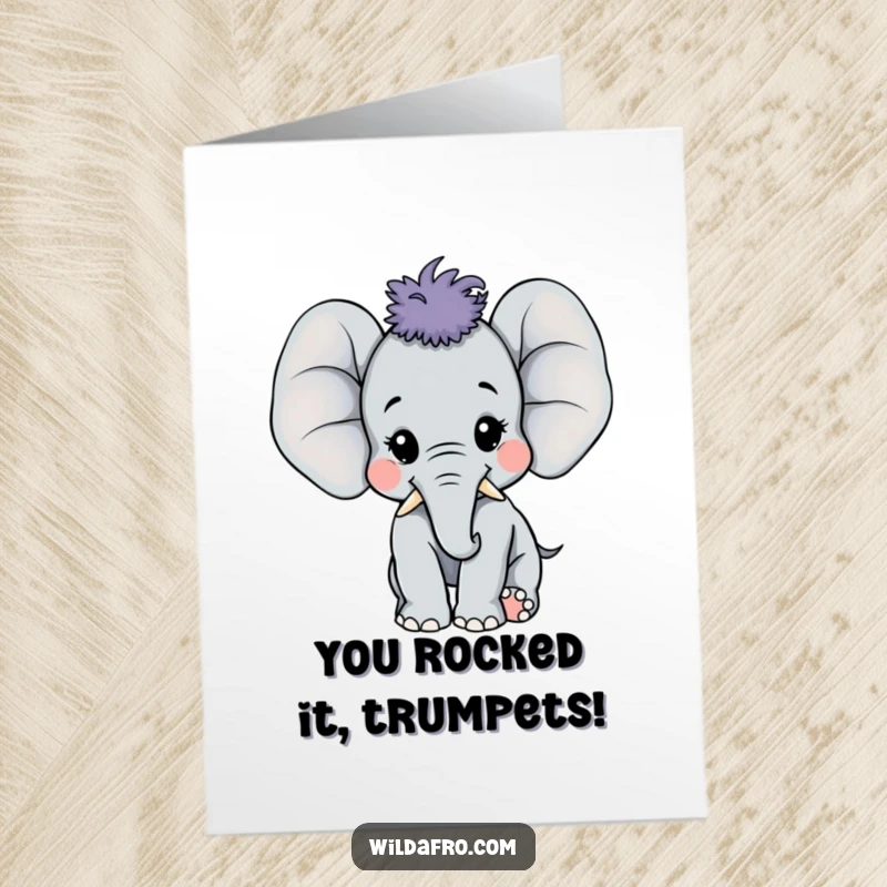 Funny Free Printable Elephant Congratulations Card: Happy elephant calf with a large afro trumpeting loudly, celebrating a fantastic accomplishment.