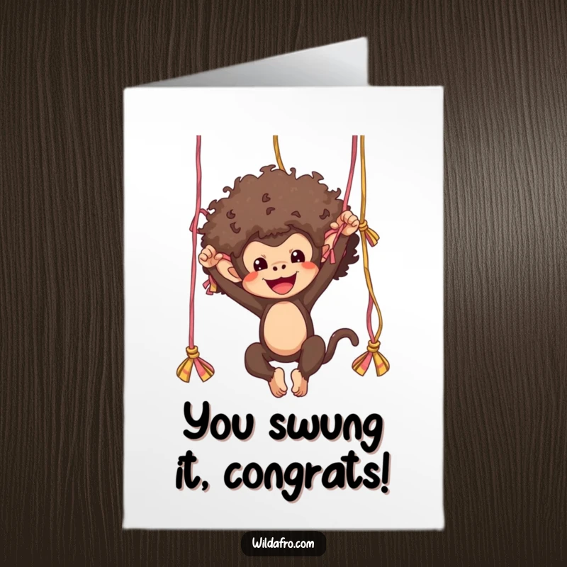 Funny Free Printable Congratulations Card: Playful afro monkey joyfully swinging from yarn strands, celebrating a win.