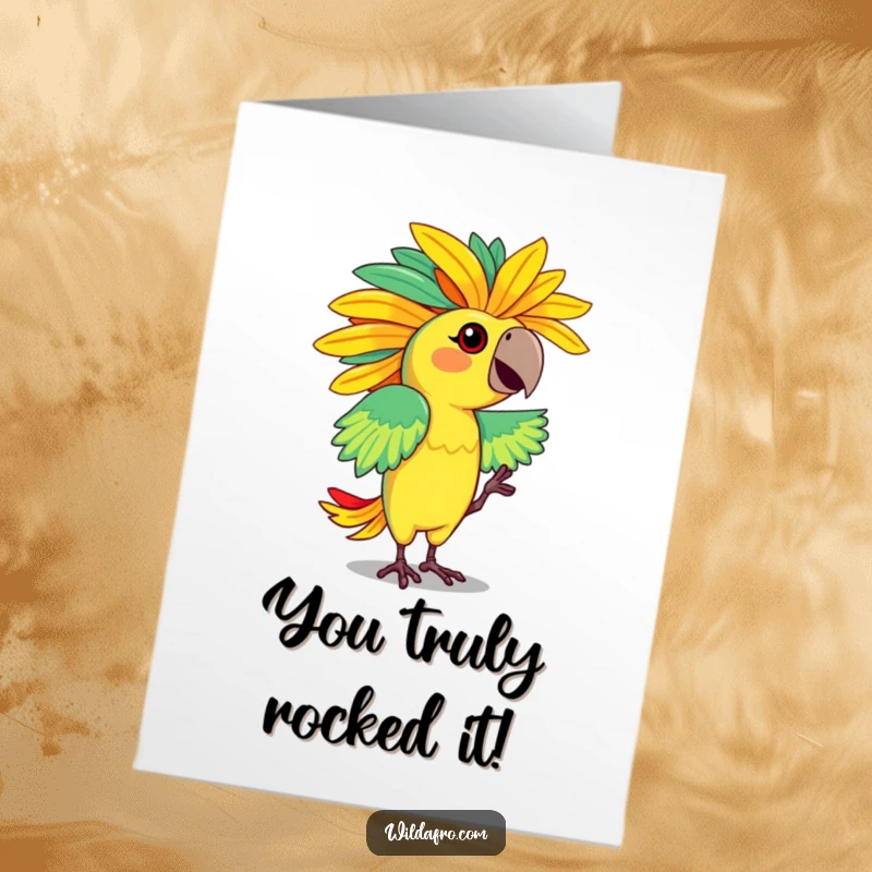 Funny Free Printable Congrats Card: Dancing parrot character with a vibrant, feathered afro, celebrating achievements with a tropical flair.