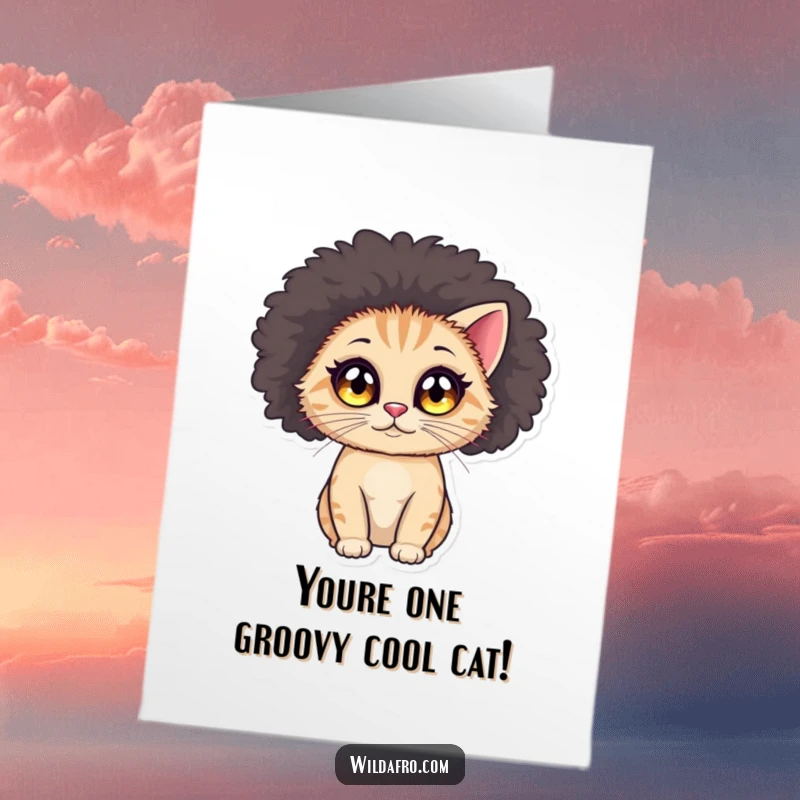 Funny Free Printable Congratulations Card: A small, round cat with large, sparkling eyes sporting a voluminous afro wig.