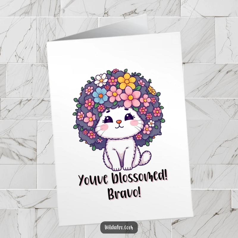 Funny Free Printable Congratulations Card: Fluffy cat with a giant, curly afro blooming with flowers, celebrating an achievement.