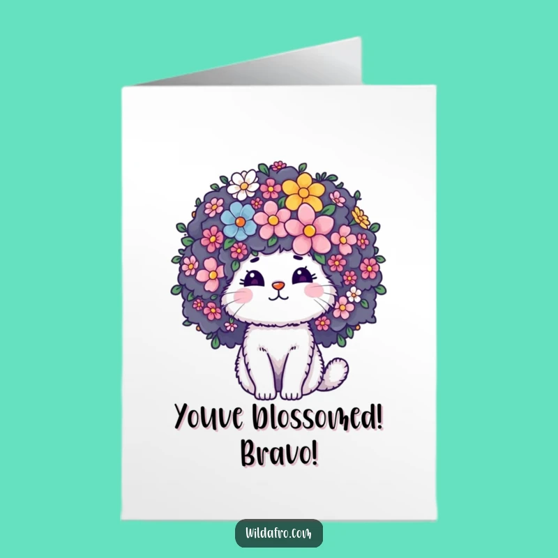 Free Printable Congrats Card: Funny Cat Afro Blooms - Instant Downloadable Gift