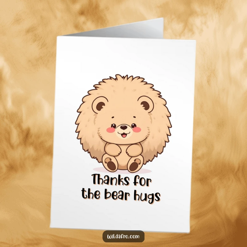 Funny Free Printable Thank You Card: A chubby bear cub gleefully hiding within a large, fluffy afro.