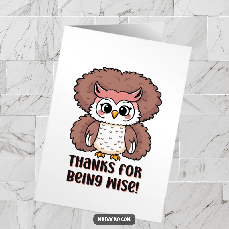 Funny Free Printable Thank You Card showing a playful owl perched comfortably on a large, fluffy afro.