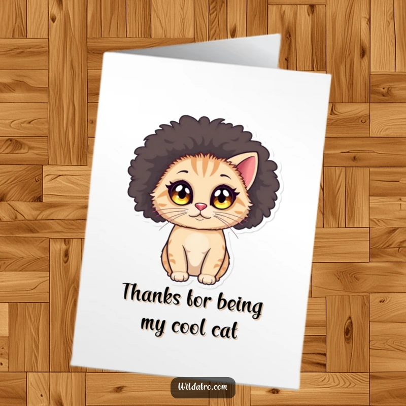Funny Free Printable Thank You Card: A round cat with sparkling eyes wearing a large, voluminous afro wig.