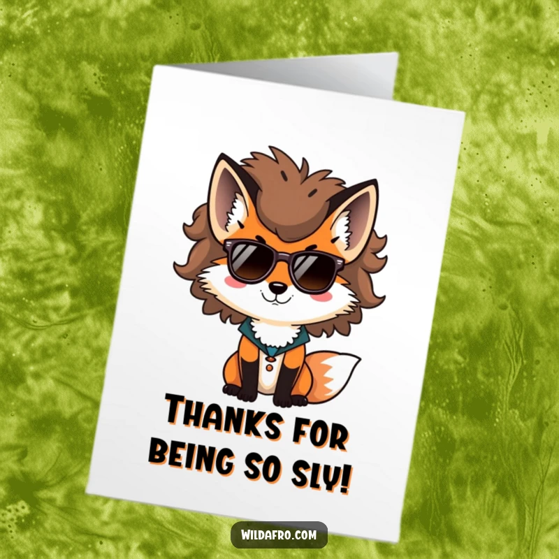 Funny Free Printable Thank You Card: A stylish fox with a voluminous afro and sunglasses, looking cool.