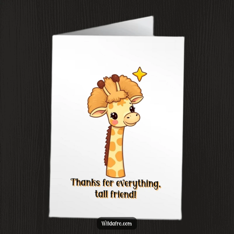 Funny Free Printable Thank You Card: A cheerful giraffe with a tall afro reaching towards a star.