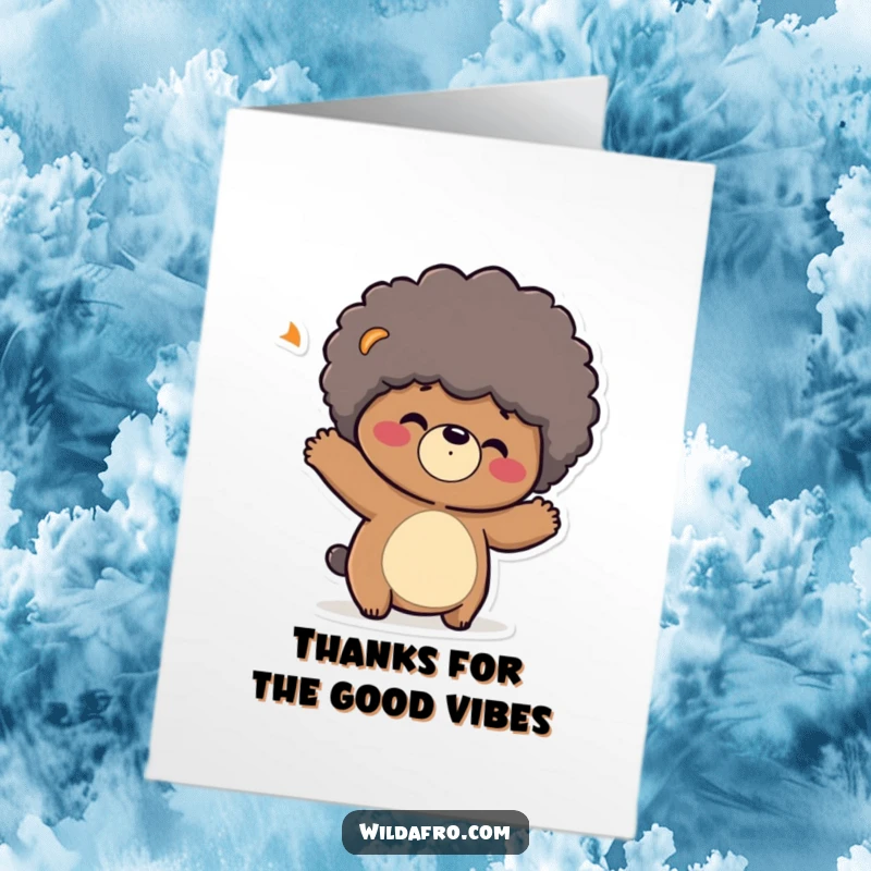Funny Free Printable Thank You Card: Playful bear character with a bouncing afro, shaking its head in a fun expression of thanks.