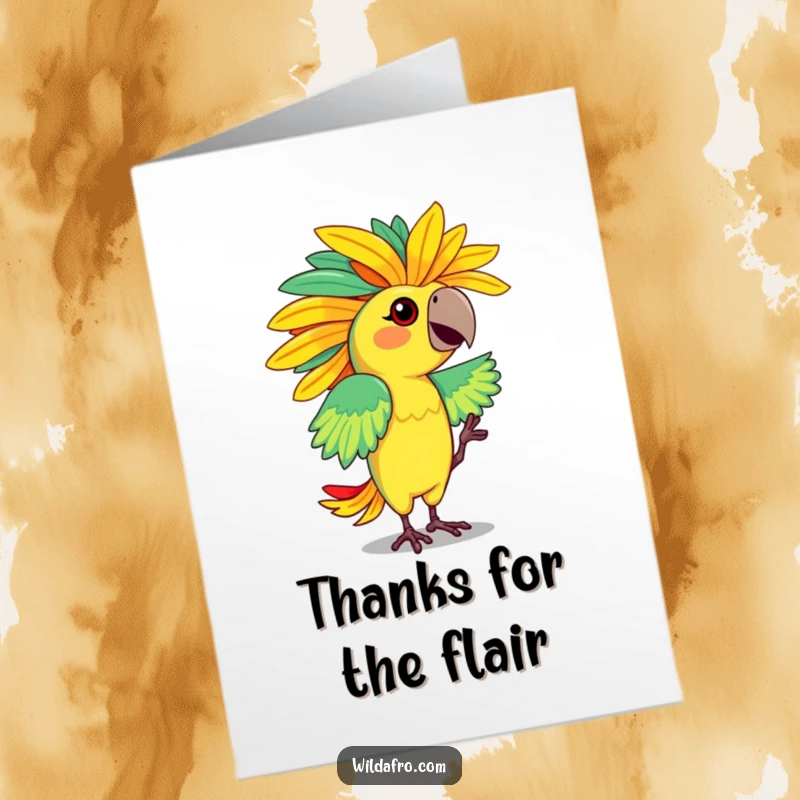 Funny Free Printable Thank You Card: Dancing parrot character with a vibrant, feathered afro, expressing thanks with a lively dance.