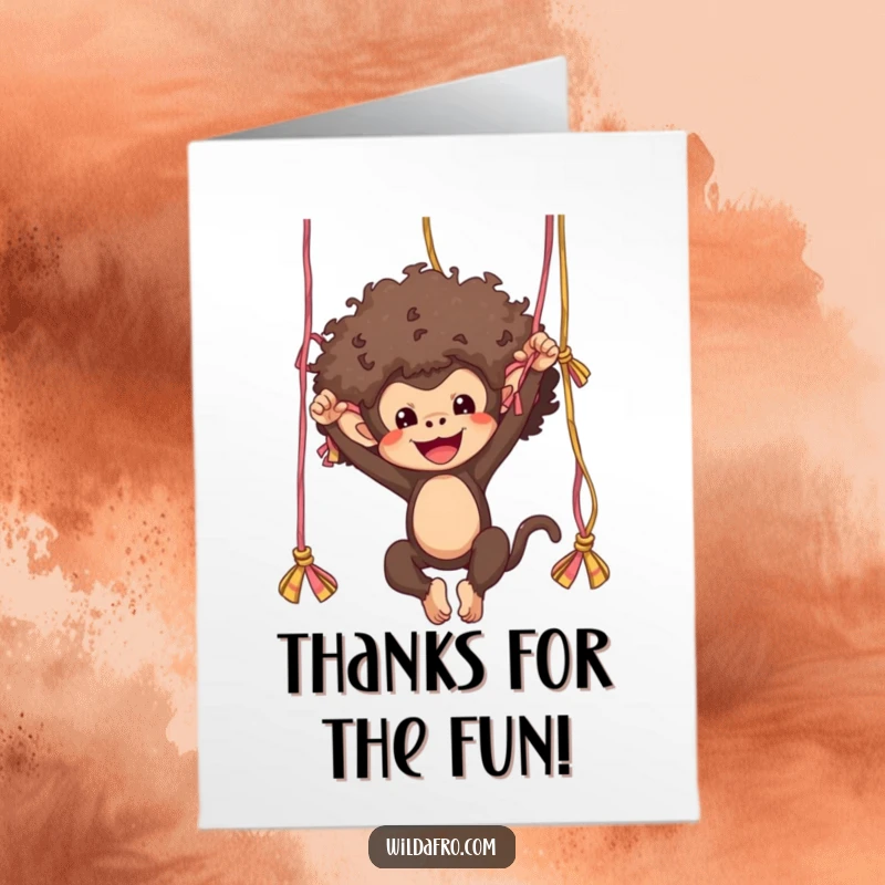 Funny Free Printable Thank You Card: An afro monkey with a big smile swinging from yarn, conveying thanks.