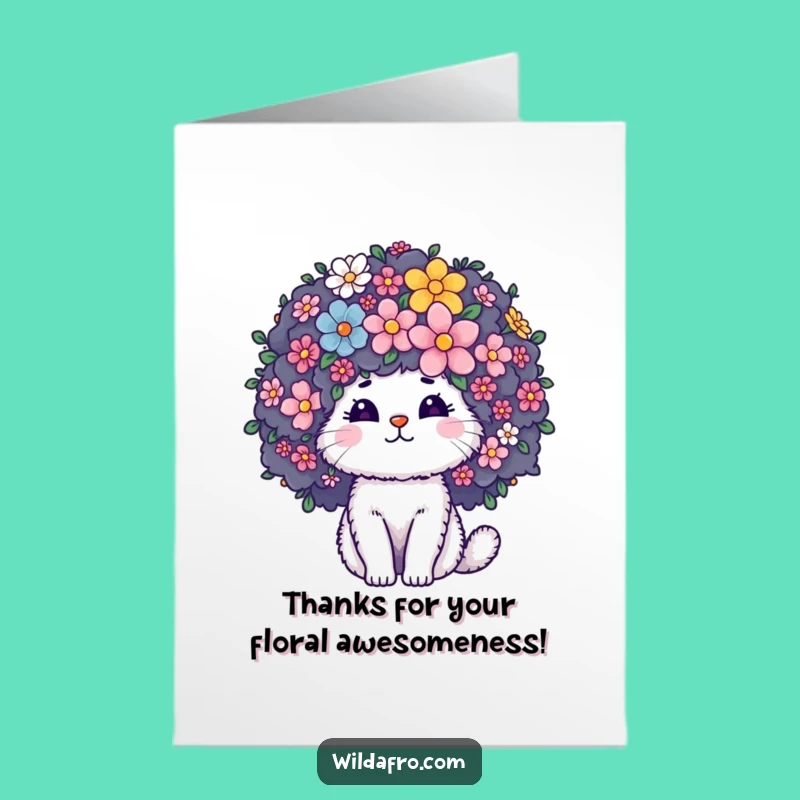 Free Printable Thank You Card: Funny Cat Flower Afro - Downloadable Gift