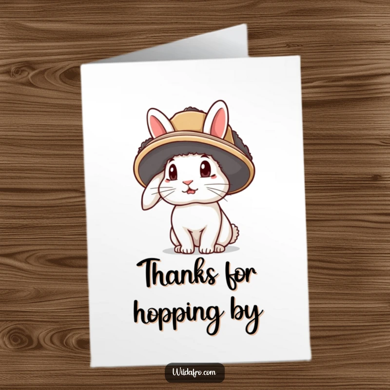 Funny Free Printable Thank You Card: A curious rabbit wearing an afro hat with its ears sticking out, offering thanks with a gentle expression.