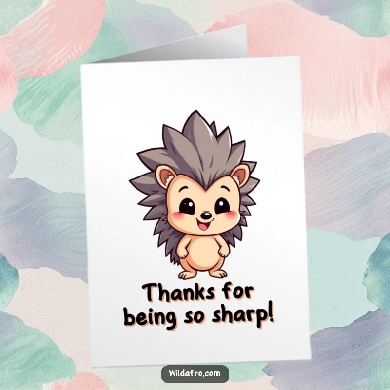 Funny Free Printable Thank You Card with a charming hedgehog sporting a towering, spiky afro and offering a heartfelt (and humorous) thank you.