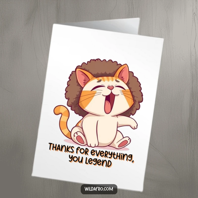Funny Free Printable Thank You Card: Yawning cat with a giant afro, stretching lazily.