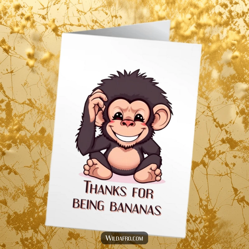 Funny Free Printable Thank You Card: A grinning chimpanzee character playfully pats its impressive bushy afro, showing off its unique style.