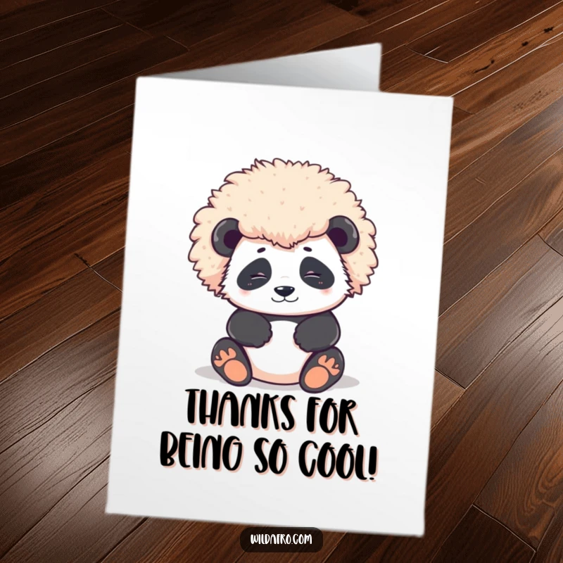 Funny Free Printable Thank You Card: Contented panda relaxing with a huge, round afro, expressing thanks.