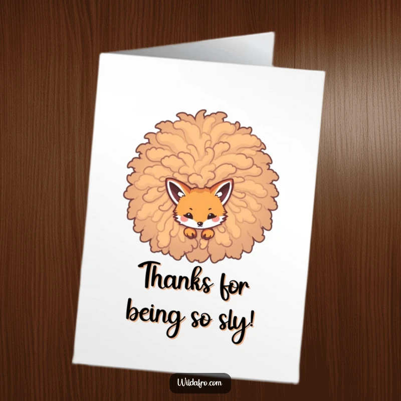 Funny Free Printable Thank You Card: A sweet little fox peeks out from a huge, curly afro, conveying thanks.