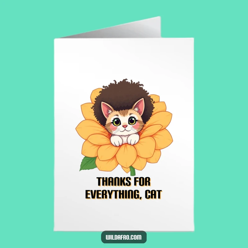 Free Printable Thank You Card: Curious Afro Cat in Flower, Downloadable Gratitude