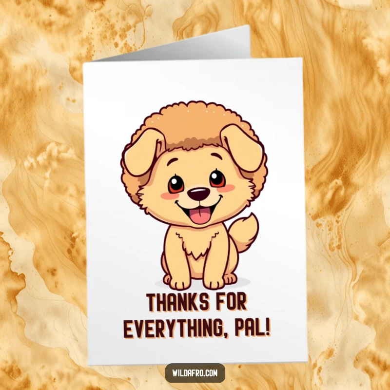 Funny Free Printable Thank You Card of a happy dog with a shimmering afro, enthusiastically wagging its tail.