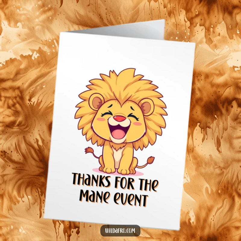 Funny Free Printable Thank You Card: A happy lion cub with a big afro gives a playful roar, conveying thanks with wild enthusiasm.