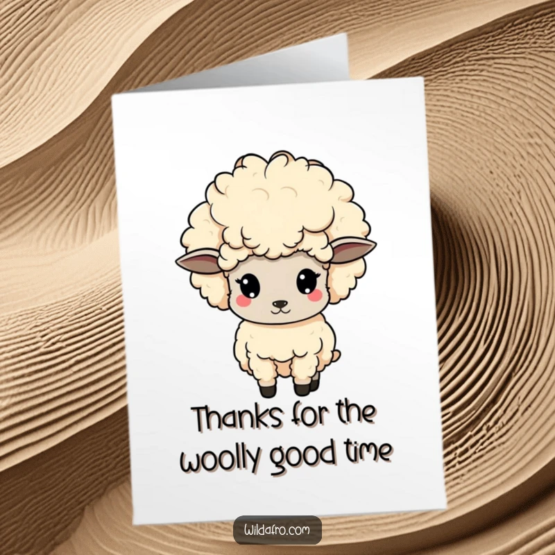 Funny Free Printable Thank You Card: A cute sheep with a huge afro bobs its head, sending thanks with cheerful rhythm.