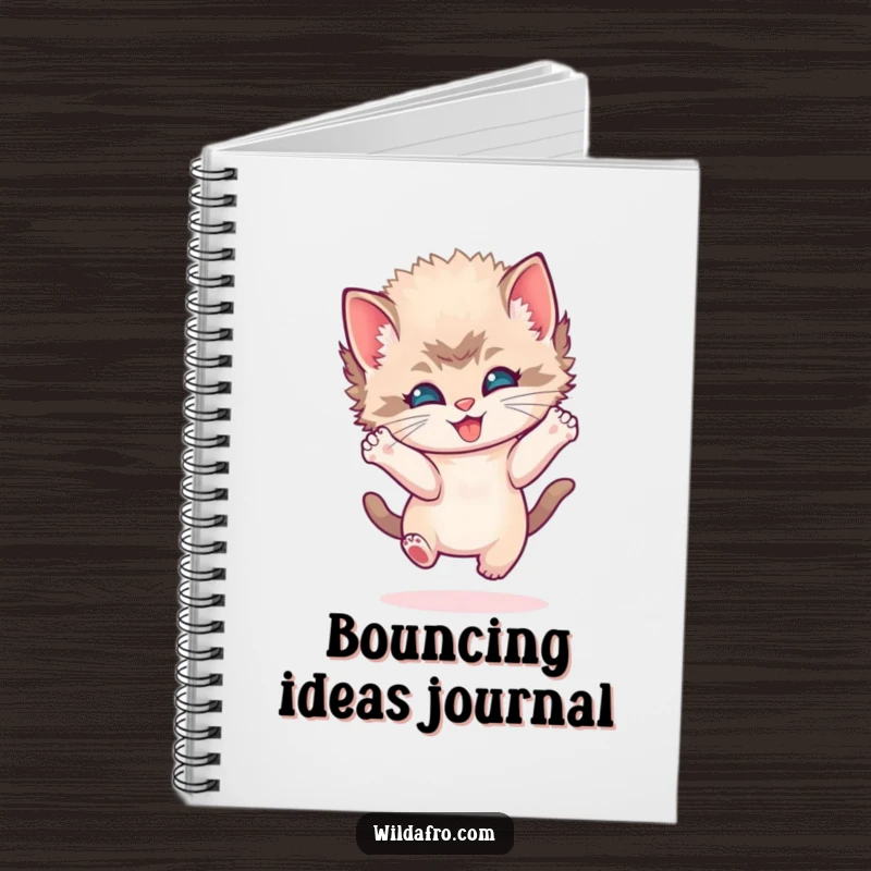 Funny kitten afro notebook featuring a playful kitten with a round afro, bouncing joyfully and ideal for journaling happy thoughts.