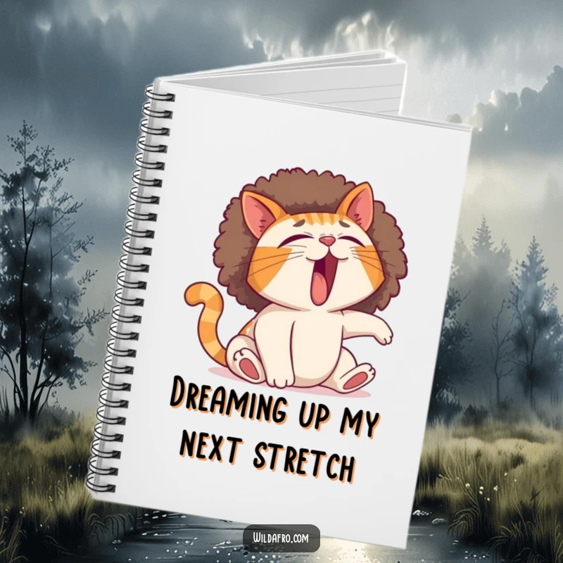 Funny cat notebook with a yawning feline mid-stretch, its afro comically expanding, ideal for jotting down funny thoughts.