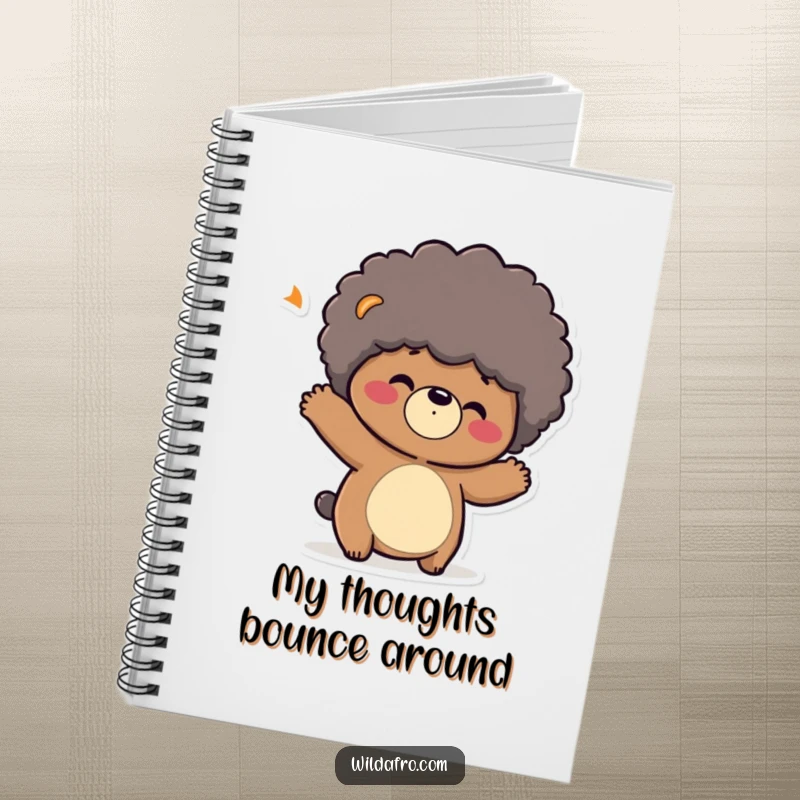 Funny notebook with a playful bear character shaking its head, its afro bouncing on the cover. Ideal funny gift.